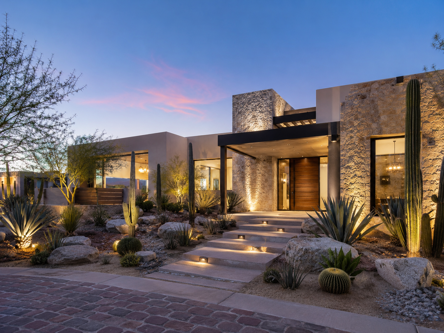 Finished contemporary home facade at dusk